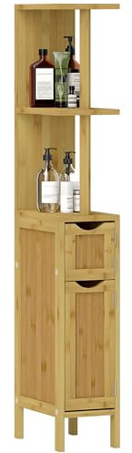 HOMCOM Colonna Bagno con Ripiani Aperti e Armadietti, Mobile Bagno Salvaspazio con Ante Magnetiche, 18x30x120 cm, Colore Legno