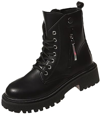 Plateau Stiefel Damen Gothic Punk - Ankle Boots Zum Schnüren Vegan Kurzschaft Lederstifel Blockabsatz Profilsohle Springerstiefel Rutschfest Abriebfest Combat Boots Pu-Leder-Stiefel