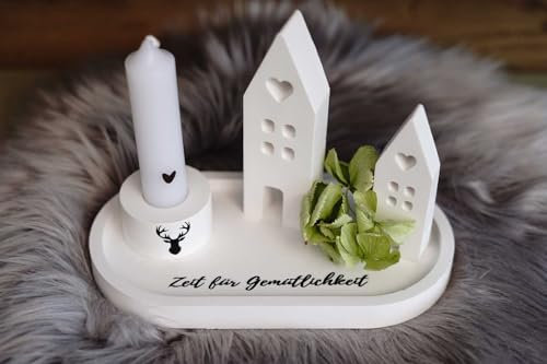 Deko - 2 Häuschen mit Kerzenhalter und Schale aus keramischem Gießmaterial. Inklusive Stabkerze, Zeit für Gemütlichkeit, handgemacht