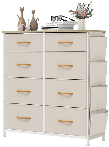 YITAHOME Kommode,Kommode mit 8 Schubladen,Schrank mit Haken und Seitentaschen,Stoffschubladen mit Griffen,Metallgestell,Dauerhaft,Beige