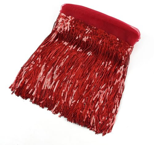Blausky 20cm x 1 Yard Spitzenfransenbesatz mit Pailletten,Pailletten-Ketten-Fransenborte Fransenbesatz Paillettenquasten zum Nähen,für Lateinisches Kleid Glitzer Rock Karneval Fransen Rock,Rot