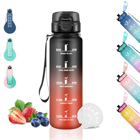 Gourde- 500ml- Gourde Enfant, Gourde Graduée, Anti-Fuite, Gourde Filtrante, avec Marqueur de Temps, Gourde Motivation pour Garçons&Filles, Bouteille d'eau pour l'École, Voyage, Camping, Noir-Rouge