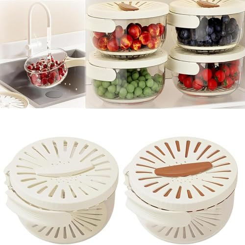 Lid Colander for Kitchen Fruit Washing Bowl with Strainer Drainer for Food, Strainers and Colanders/Sieve Bowl for Pasta Strainer, Kitchen Gadget Essentials(White+Brown)
