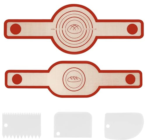 Silikon Backmatte, 2 PCS Backmatte Silikon Brot Backen Zubehör, Lange Griffe Teigmatte, Wiederverwendbare Backunterlage für Teig, Silikonmatte Backen für Dutch Oven (Red)