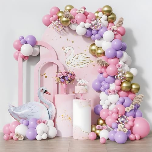 Arco di palloncini decorazione compleanno ragazza. Decorazione Baby Shower Ragazza. 152 palloncini viola e rosa, oro e cigno. Decorazione festa compleanno con ghirlanda di palloncini rosa e viola e