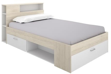 Vente-unique - Bett mit Stauraum und Schublade – 120 x 190 cm – Farbe: Natur und Weiß – Leander