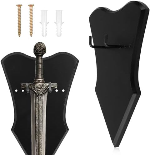 Gosknor Schwert Wandhalterung Set, Verstellbarer Vertikaler Schwerthalter Holz Ständer Aufhänger mit Nägeln und Schnallen für Bogen Mittelalterlichen Dolch Axt (Schwarz, Klein)