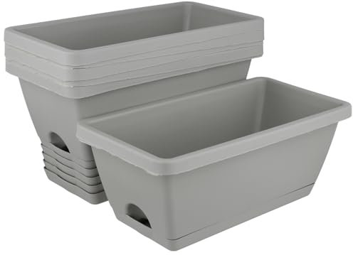JIEHIN 6 jardineras con plato, 36 x 19 x 15 cm, jardineras de plástico rectangulares, jardineras grises para balcón, jardineras para interiores y exteriores