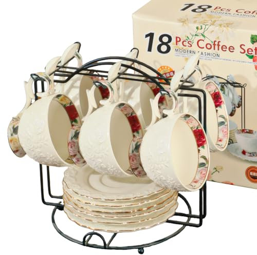 18 Stück Vintage Porzellan Teetassen mit Untertassen und Löffel – Europäisches Bone China Teeservice 200ml – Teegeschirr Set für Kaffee/Tee – Geschenk für Damen