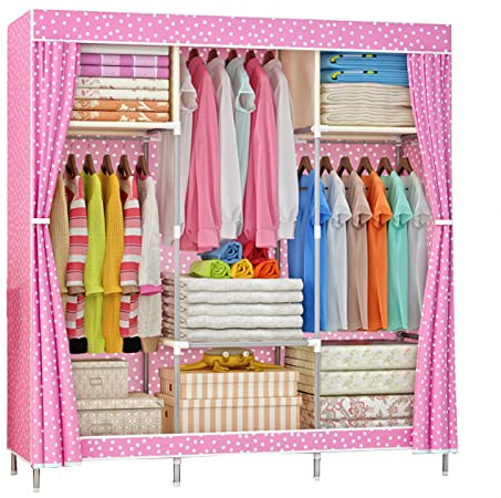 Nizer Armoire pliable en toile avec rail de suspension et étagères – Rangement pour vêtements en tissu rose pour chambre à coucher – 105 x 46 x 156 cm – Solution peu encombrante