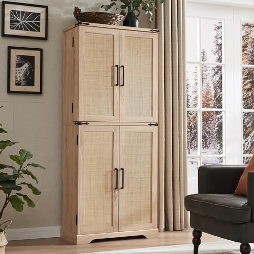AetherWood Rattan Küchenschrank, 183 cm hoher Vorratsschrank im Landhausstil, Aufbewahrungsschrank mit Scheunen-Schiebetüren, Schublade und verstellbaren Regalen – Natur-Rattan