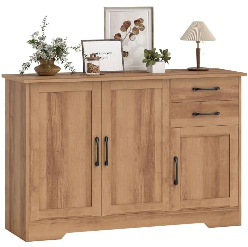 HOMCOM 2-Schubladen 2-Türen Küchencredenz, 120x38x79 cm, Eiche | Küchenschrank-Buffet-Credenz, Soft-Close-Türen, verstellbare Regale, für Lounge, Esszimmer, Wohnzimmer.