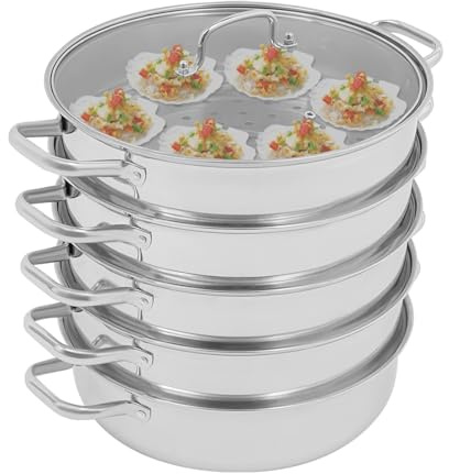 Cuiseur vapeur à 5 étages, en acier inoxydable, Ø 32 cm, avec couvercle en verre, 4 grilles à vapeur et 1 casserole, facile à nettoyer pour plaques à induction, cuisinière à gaz