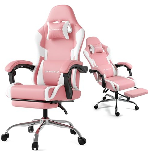 Dowinx Gaming Chair with Footrest, Ergonomic Gaming Computer Chairs 180kg with Headrest Pillow Gaming Chair for Adults, Office, Home, Streaming and Long Gaming Sessions, Pink