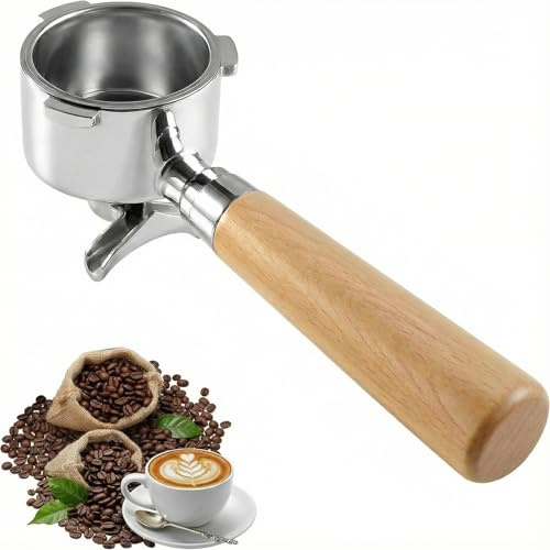 51mm Siebträger für DeLonghi Dedica EC680/EC685/EC885, Edelstahl, Holzgriff | Doppelauslauf für Zwei Tassen, 3-Ohren-Aufnahme, Zerlegbare Bauweise, Druckloses Filtersieb bis 18 g, Einfache Reinigung