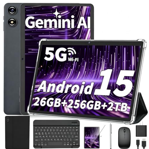 Android Tablet 10 Zoll, 2026 Android 16 Tablet mit Tastatur, 26GB+256GB (2TB Erweiterung), Gemini AI Tablet mit 8-Core, 8000mAh, 5G WiFi, Widevine L1, 2 in 1 Tablets PC mit Hülle/Maus/Stylus-Schwarz