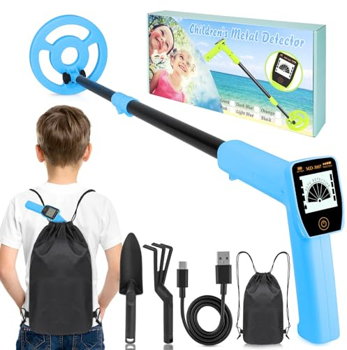 Metalldetektor Kinder - iTayga 2026 USB Wiederaufladbarer Kinder Metalldetektor, Verstellbarer (24-35), Hochpräziser Tragbarer Metalldetektoren mit LCD-Display für die Erkundung im Freien, Blau