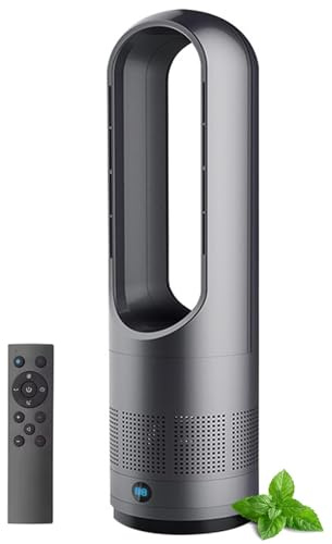 Hot and Cool Bladeless Tower Fan with Remote, 18 Inch Oscillating Air Circulator with 8 Speeds & Timer, Air Purifier Fan for Home, Office, Bedroom, Gray gray