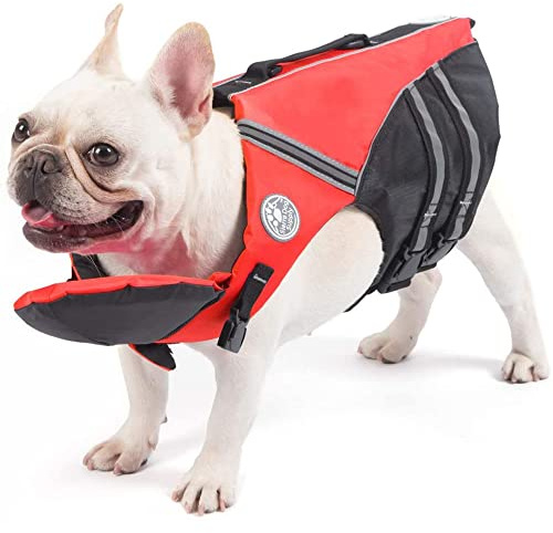 Petglad Französische Bulldogge Schwimmweste, Schwimmweste mit Kinn-Float Rettungsgriff für Corgi Mops, Verstellbare Hochsichtbarkeit Schwimmweste für Schwimmen Bootfahren (Rot)
