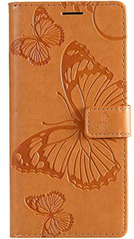 HAOYE Hülle für LG K41S / LG K51S, Geprägt Schmetterling Muster Leder Brieftasche Flip Handyhülle, Kartenfach und Magnet Kartenfach Schutzhülle für LG K41S / LG K51S, Gelb