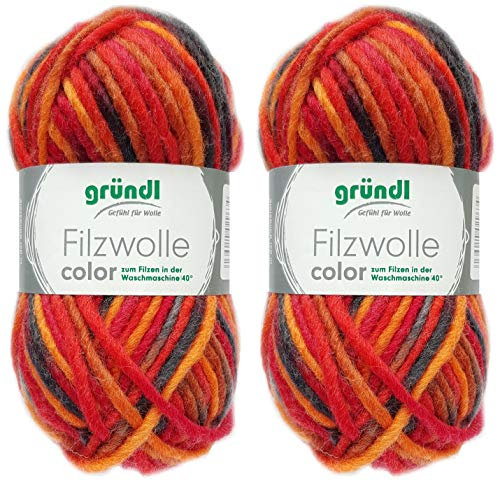 2x50 Gramm Gründl Filzwolle inkl. Anleitung für Topflappen (Color Farben, 21 Schwarz Rot Orange)