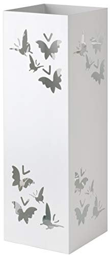 Baroni Home Porte Parapluie en Métal en Style Moderne avec Papillons, Porteparapluies avec Crochets et Bac d'égouttement Amovible, Blanc, 49x15,5x15,5 cm