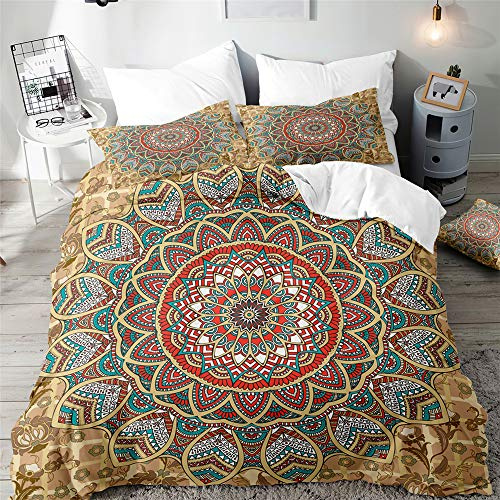 Morbuy Mandala Bettbezug Bettwäsche Set - 3D Erwachsene Kinder Bettwäsche-Set, Mikrofaser Weiche Bettbezug mit Reißverschluss und Kissenbezüge (220x240cm,Beige)