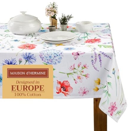 Maison d'Hermine Tischdecke, Rechteckig, 100% Baumwolle (220 cm x 160 cm) | Wiederverwendbar, für den täglichen Gebrauch, zum Essen, für Partys, Festliche Anlässe und Frühjahr Sommer - Just Floral