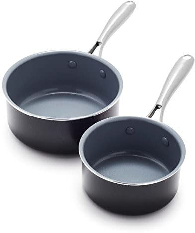 GreenPan Swift Healthy Ceramic Nonstick, 1QT and 2QT Saucepan Set, Stainless Steel Handle, PFAS-Free, Dishwasher Safe, Oven Safe, Black