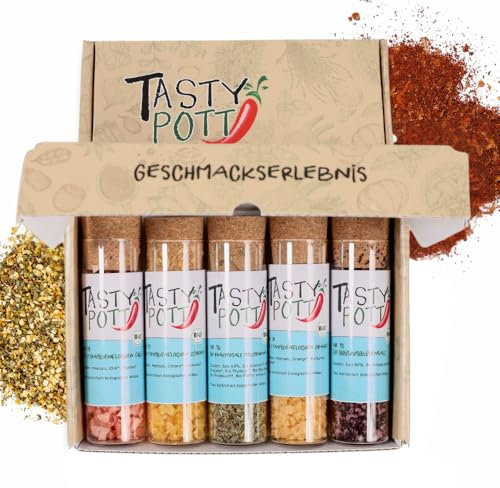 Tasty Pott Dank-Box I Gewürz-Set I Geschenk Idee für Familie und Freunde I Würzig I Gewürzmischungen I Gewürz im Glas I Geschenk Set (Salzmischungen, Viel Spaß und guten Hunger wünscht)