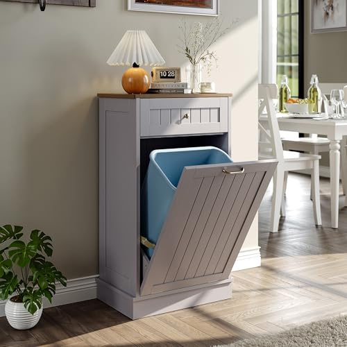 LOUVIXA Tilt Out Trash Bin Cabinet Dog Proof Trash Can Holder Kitchen Island with Garbage Bin or Tilt Out Laundry Hamper (Gray)