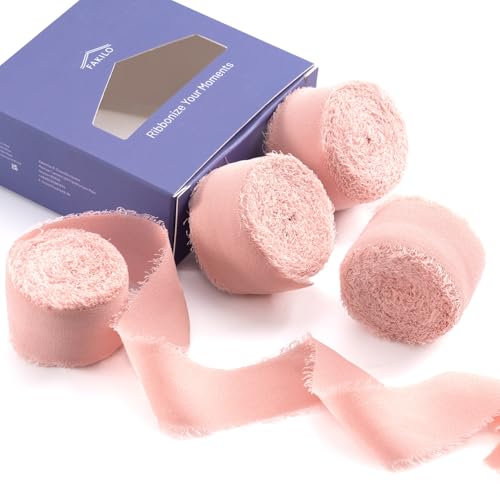 FAKILO Chiffonband Rosa 18,3 Meters, 25mm Schmal mit fransen Chiffon Band Seidenband für Hochzeit, Hochzeitsstrauß und Geburtstag Geschenk, Tischdekoration