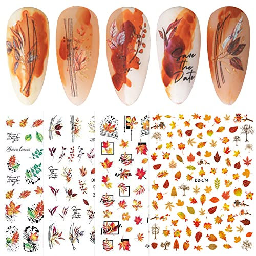 10 Sheets Autumn Thanksgiving Maple Leaf Nail Art Stickers Decals Self Adhesive Fall Pumpkin Leaves Harvest Design Manicure Tips Nail Decoration for Women Girls