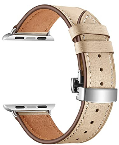 Correa de cuero para Apple Watch Band 41mm 40mm 38mm Correa de cuero genuino Pulsera de repuesto para iwatch Ultra Series 8 7 6 SE 5 4 3 2 1, Botón De Plata Albaricoque