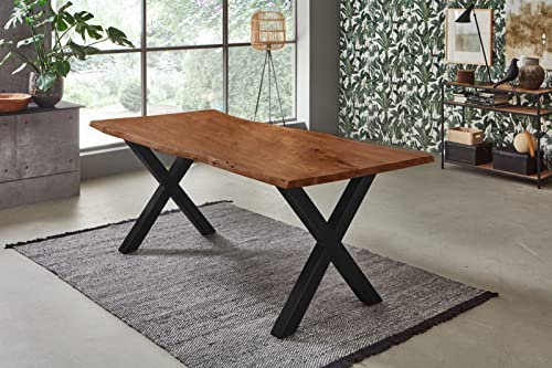 SAM Esstisch 120x80 cm Bologna, Akazienholz massiv + nussbaumfarben + lackiert, echte Baumkante, Baumkantentisch mit X-Gestell aus Metall schwarz, Esszimmertisch mit Tischplatte 26 mm