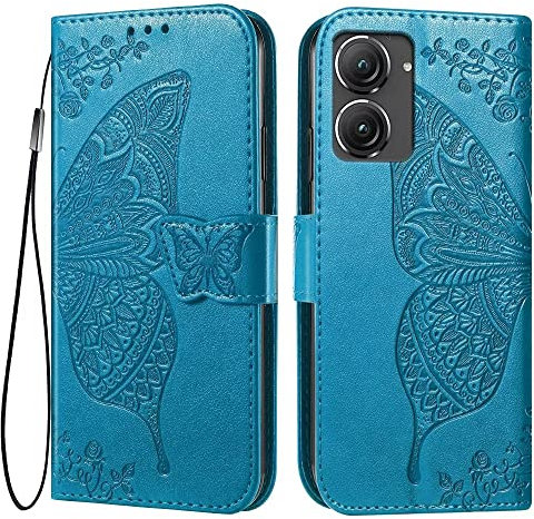 EASSGU Leder Handyhülle für ASUS Zenfone 10 / ASUS Zenfone 9 (5.9 Inches) Flip-Folio Magnetische Hülle mit 3 Kartenfach, 1 Wallet, Sturzfeste, Kratzfeste Case - Blau