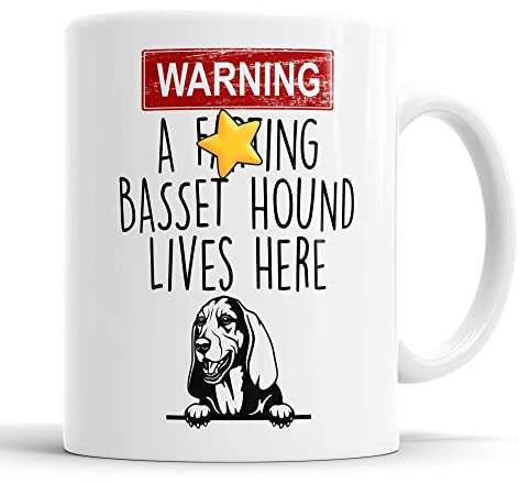 Basset Hound Mug | Warning A Lives Here Funny Rude Gift | Dog Mug for Birthday Christmas | Friend, Mum, Auntie, Sister, Dad, Uncle, Brother Ceramic Cup