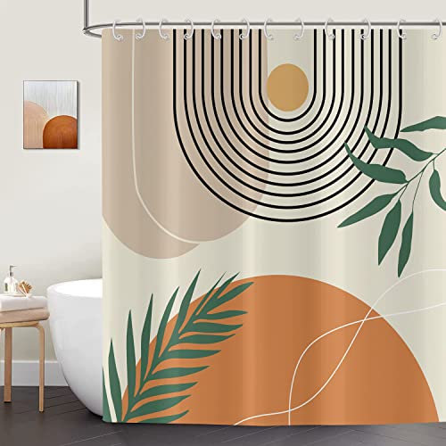 ASDCXZ Rideau de Douche 180x220 cm Style Boho, Art Abstrait Moderne Soleil Lune Feuilles Beige Lavables Textile Rideau Douche imperméable pour Baignoire avec 12 Crochets