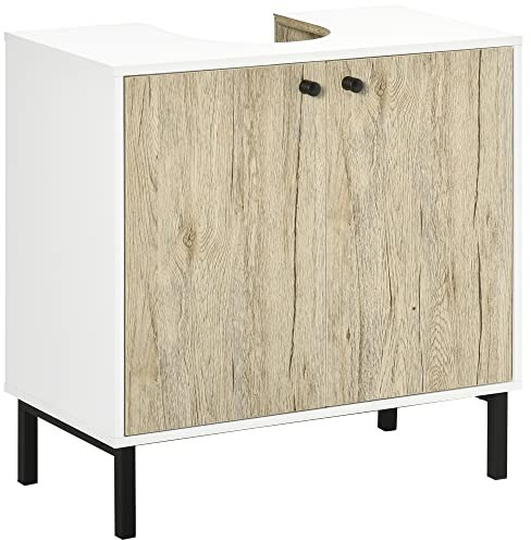 kleankin Mueble bajo lavabo, mueble de baño, armario de almacenamiento para lavabo, moderno, base de metal, doble puerta, 60 x 30 x 60 cm, color blanco y madera