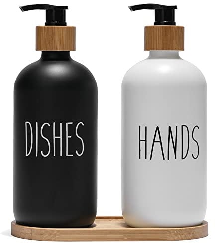 FEILANDUO Glass Soap Dispenser Set, Kitchen and Bathroom Dispenser with Bamboo Pump and Soap Tray, Farmhouse Home Decor (Black + White)