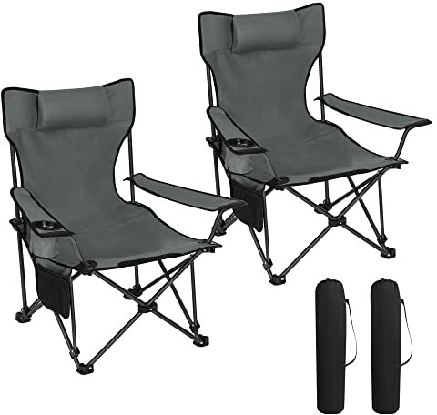WOLTU Campingstuhl Klappstuhl 2er Set, Faltstuhl Anglerstuhl faltbar für Outdoor, Camping, bis 150 kg belastbar mit Armlehnen und Getränkehalter Grau