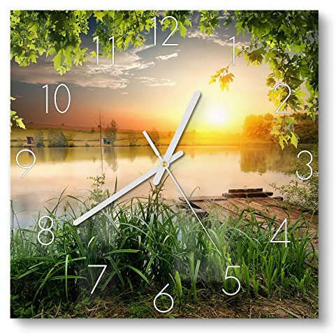 DEQORI Glasuhr | 30x30 cm | Motiv Ruhender See am Abend | ausgefallene leise Design Uhr aus Glas | Wanduhr für Wohnzimmer & Küche | moderne Hingucker Uhr für die Wand