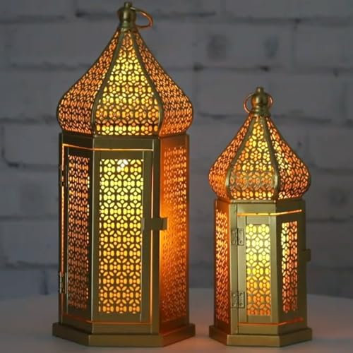 Große goldene Turmtempel-Laternenlampe, dekorative Kerzenhalter für Ramadan, zum Aufhängen, Terrasse oder Veranda im Freien, Gold, 2er-Set