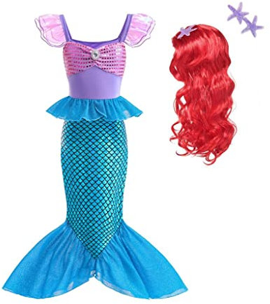 Lito Angels Prinzessin Meerjungfrau Arielle Kostüm Kleid Verkleidung mit Perücke für Kinder Mädchen Größe 7-8 Jahre 128 (Tag-Nummer 140)