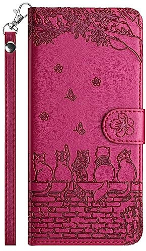 Aisenth Case for iPhone 12/ iPhone 12 Pro (6.1 inch), Embossed Cute Cats, Butterfly, Flower PU Leather Magnetic Wallet Flip Case Protective Cover with Stand function, Card Slots (Violet Red)