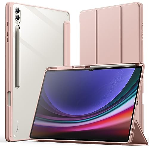 JETech Hülle für Samsung Galaxy Tab S10 Ultra/Tab S9 Ultra 14,6 Zoll mit S Pen Halter, Klar Transparente PC-Rückseite, Stoßfestes DREI-Falt Ständer Tablet Schutzhülle (Roségold)