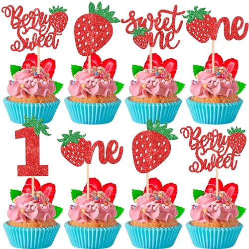 30 adornos para cupcakes de fresa dulce con purpurina, bayas dulces de primer cumpleaños, púas de cupcakes de fresa para temática de frutas, baby shower, niños, fiesta de primer cumpleaños,