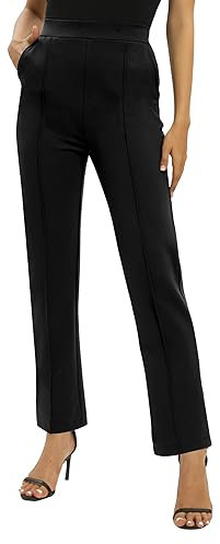 EXCHIC Donne Ufficio Casual Elastico Alta Vita Gamba Dritta Pantaloni con Tasche(L, Nero)