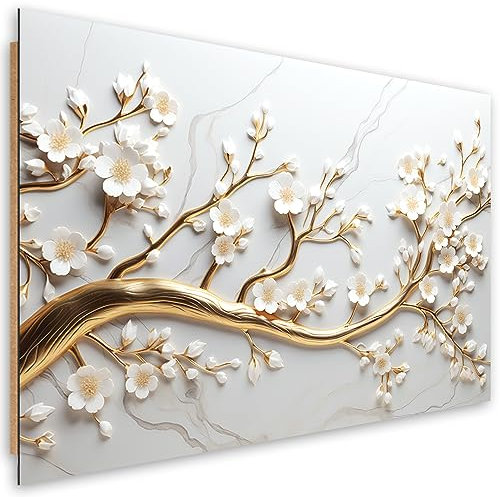 Feeby Wandbild Blumen 3D Blumenmotiv 60x40 cm 1 tlg Schlafzimmer Modern Deco Panel MDF Kunstdruck Wand Bild Wanddeko Design Wohnzimmer Büro Flur Hotel Spa Natur Botanik Pflanzen AI Gold