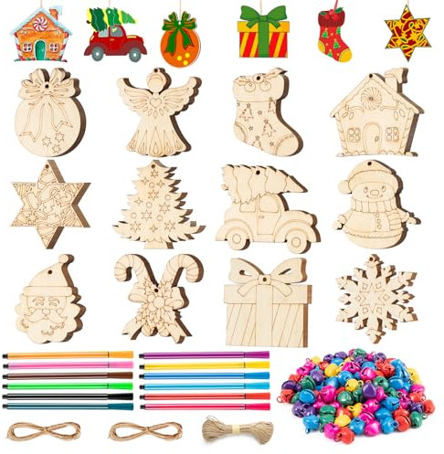 WEVOL 72PCS Basteln Weihnachten Kinder,DIY Holzschmuck Streudeko Weihnachten Anhänger Deko,12 Stiles Weihnachtsbaumschmuck Holz Bastelset,Personalisiert Holzdeko Weihnachtsanhänger Set zum Bemalen